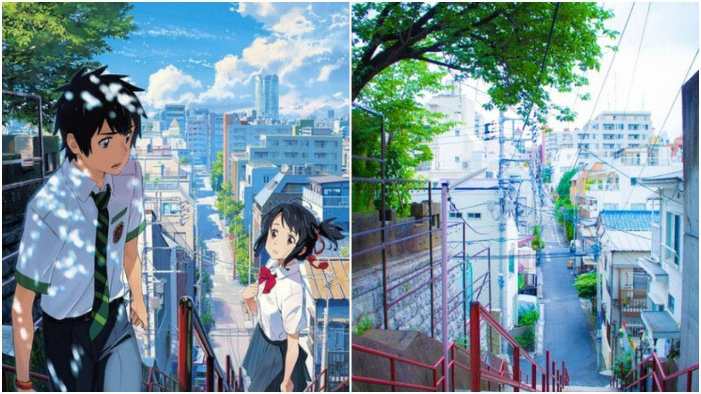 兩名動漫學生在樓梯上俯瞰城市和小巷。