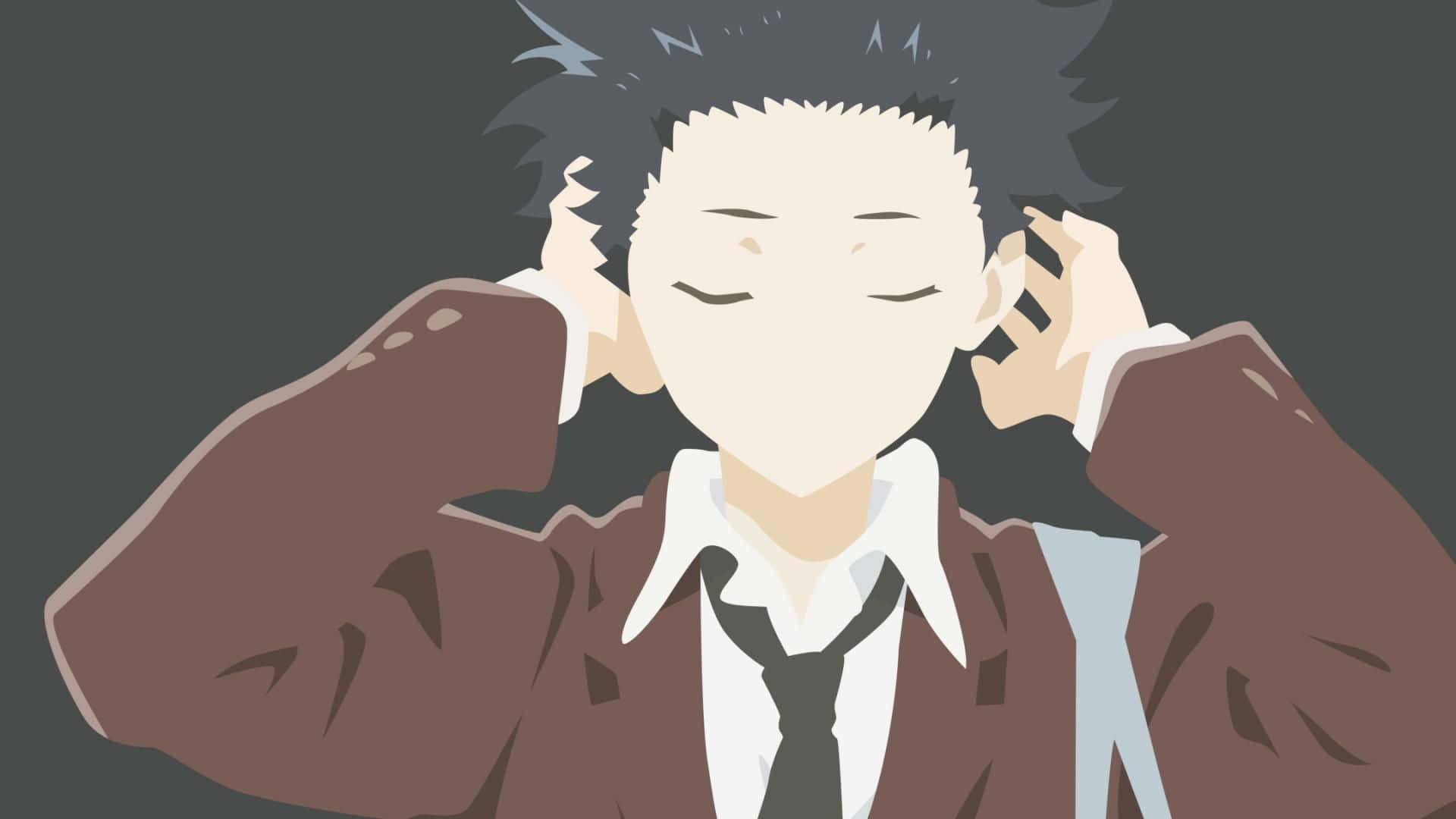 《聽見你的聲音》——學習理解與成長的旅程 壁紙 — 一個穿著校服的動漫角色在深灰色背景上用雙手捂住耳朵。