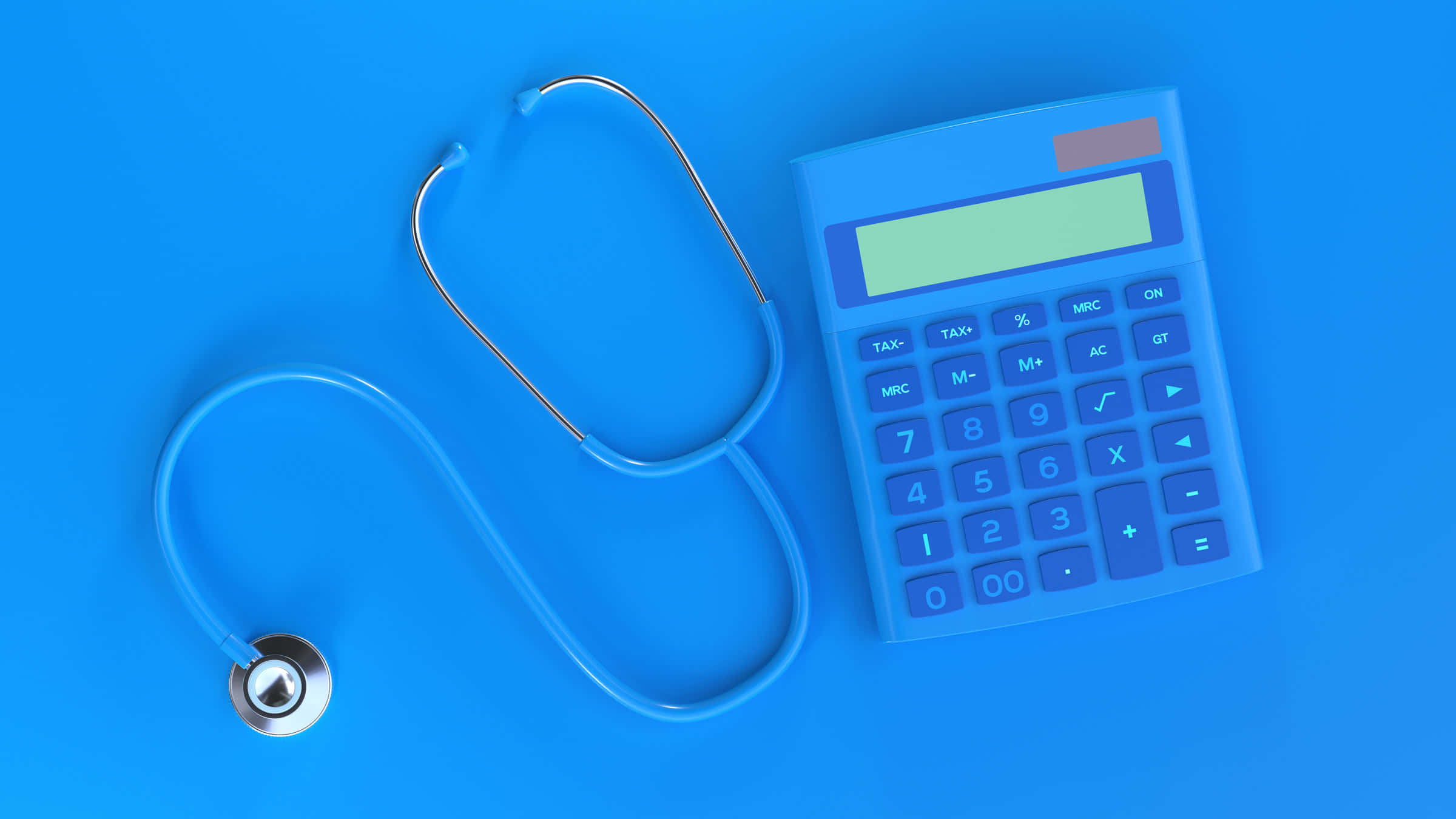 Calculator 桌布 壁紙 — 聽診器和藍色計算器放在純藍色背景上，象徵醫療財務。