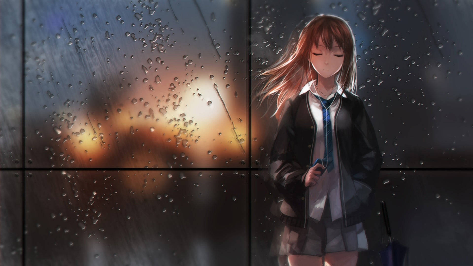 穿著校服的動漫女孩在夕陽下站在濺滿雨水的窗邊。