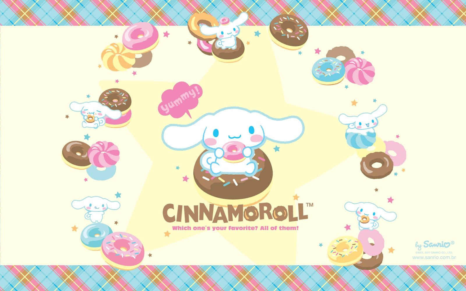 Cinnamoroll 被色彩繽紛嘅冬甩同星星包圍住，背景係格仔圖案。