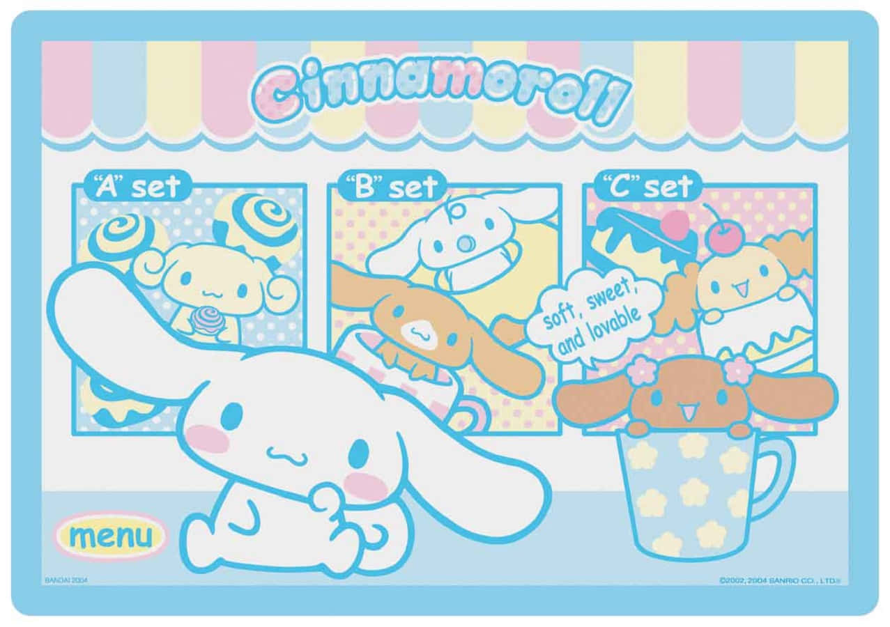 肉桂捲享受天空中的美好一天 壁紙 — Cinnamoroll 愉快地坐在一條粉彩色條紋遮陽篷前，展示甜點主題的餐單套餐。