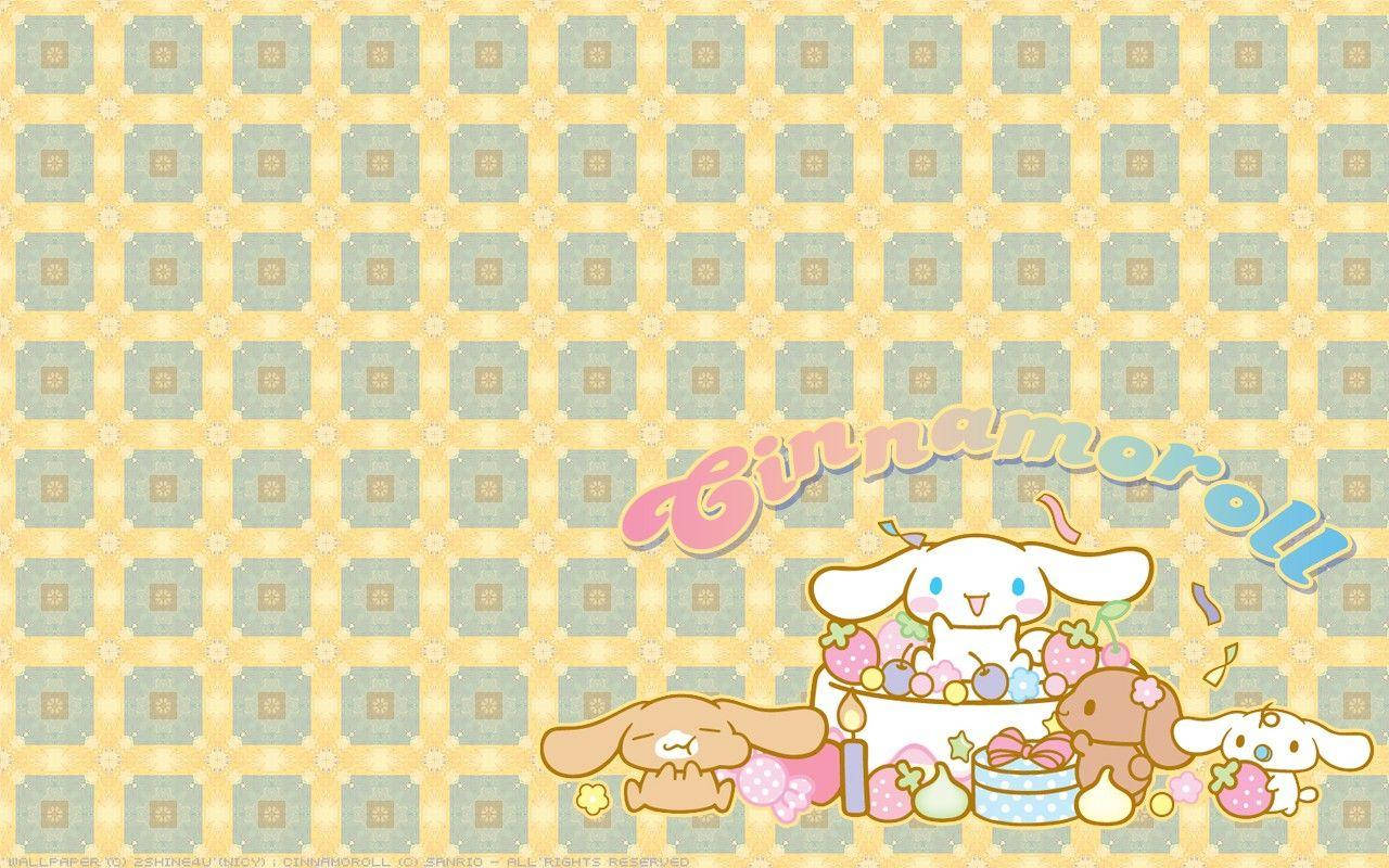 肉桂捲復古風格 壁紙 — Cinnamoroll 同朋友喺粉彩幾何圖案牆紙上，用蛋糕同士多啤梨慶祝。