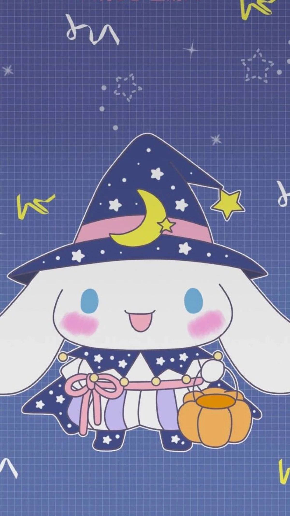 肉桂捲穿巫師服裝 壁紙 — 一隻可愛的白兔戴着星星巫師帽，拿着南瓜桶，背景是藍色網格，散落着星星和塗鴉。
