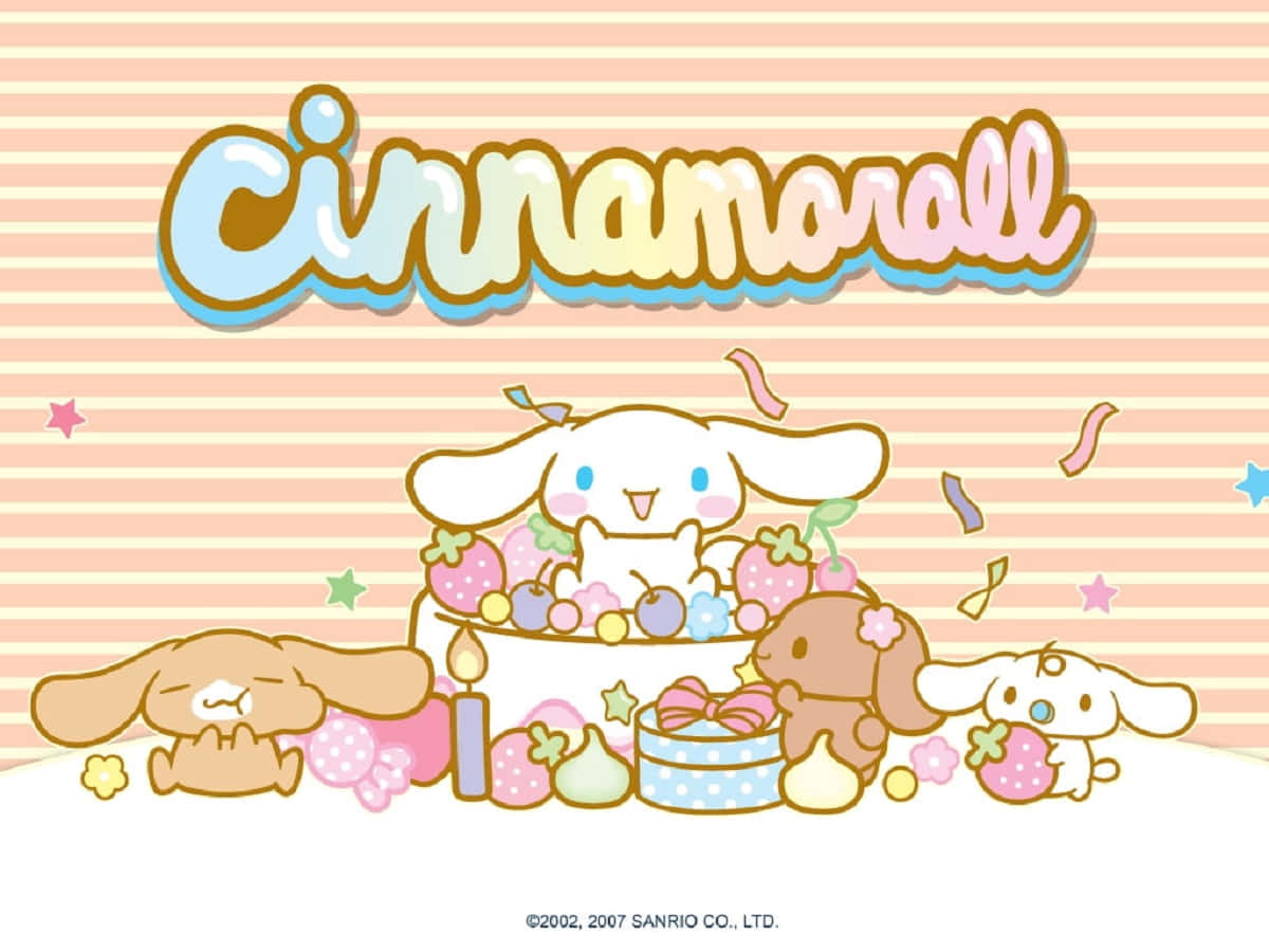 Cinnamoroll 和朋友們在條紋背景上以蛋糕和五彩紙屑慶祝。