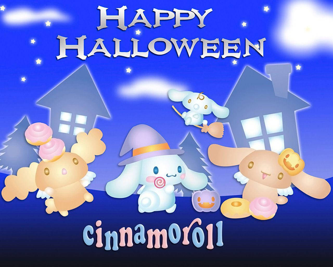 肉桂捲與朋友慶祝萬聖節 壁紙 — Cinnamoroll 和朋友們在星空下慶祝萬聖節，周圍有發光的房屋和糖果裝飾。
