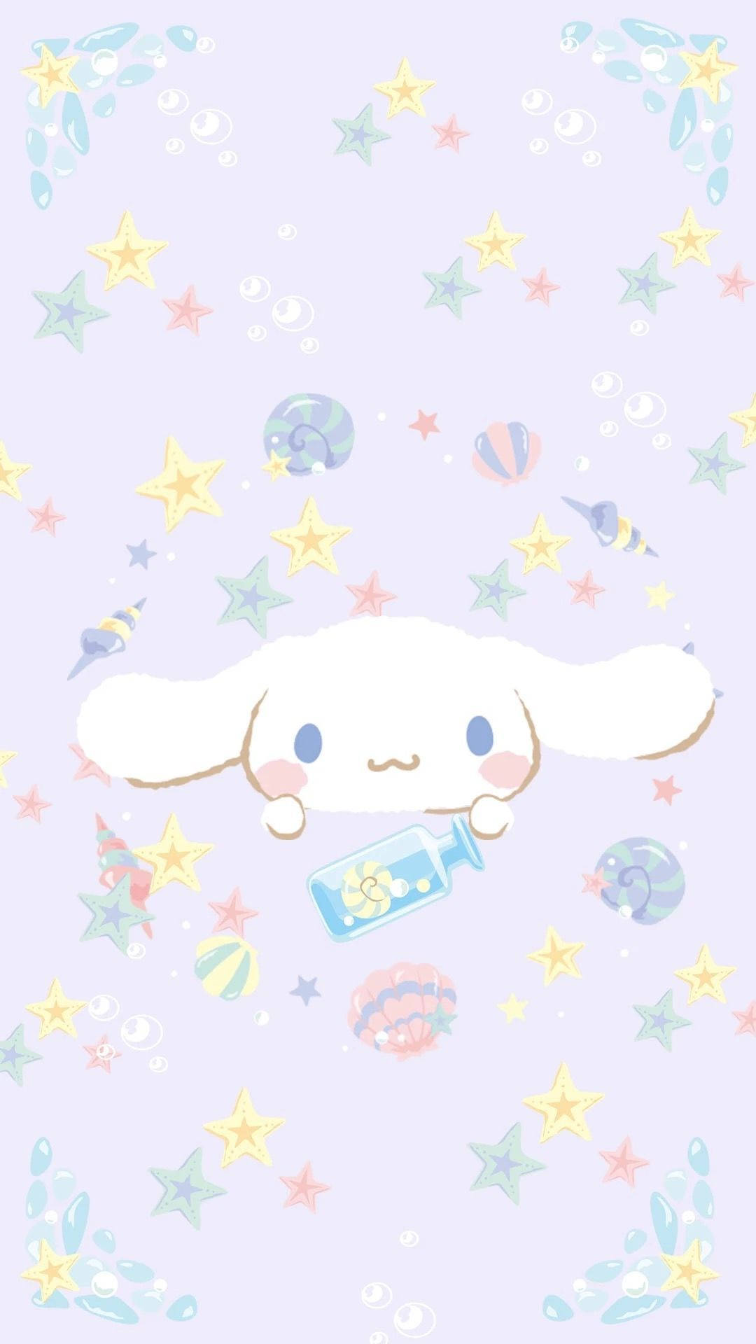 肉桂捲與海螺 壁紙 — 一隻可愛的白兔，有大耳朵，拿著一瓶肥皂泡，周圍有彩色星星和貝殼，背景是粉紫色。
