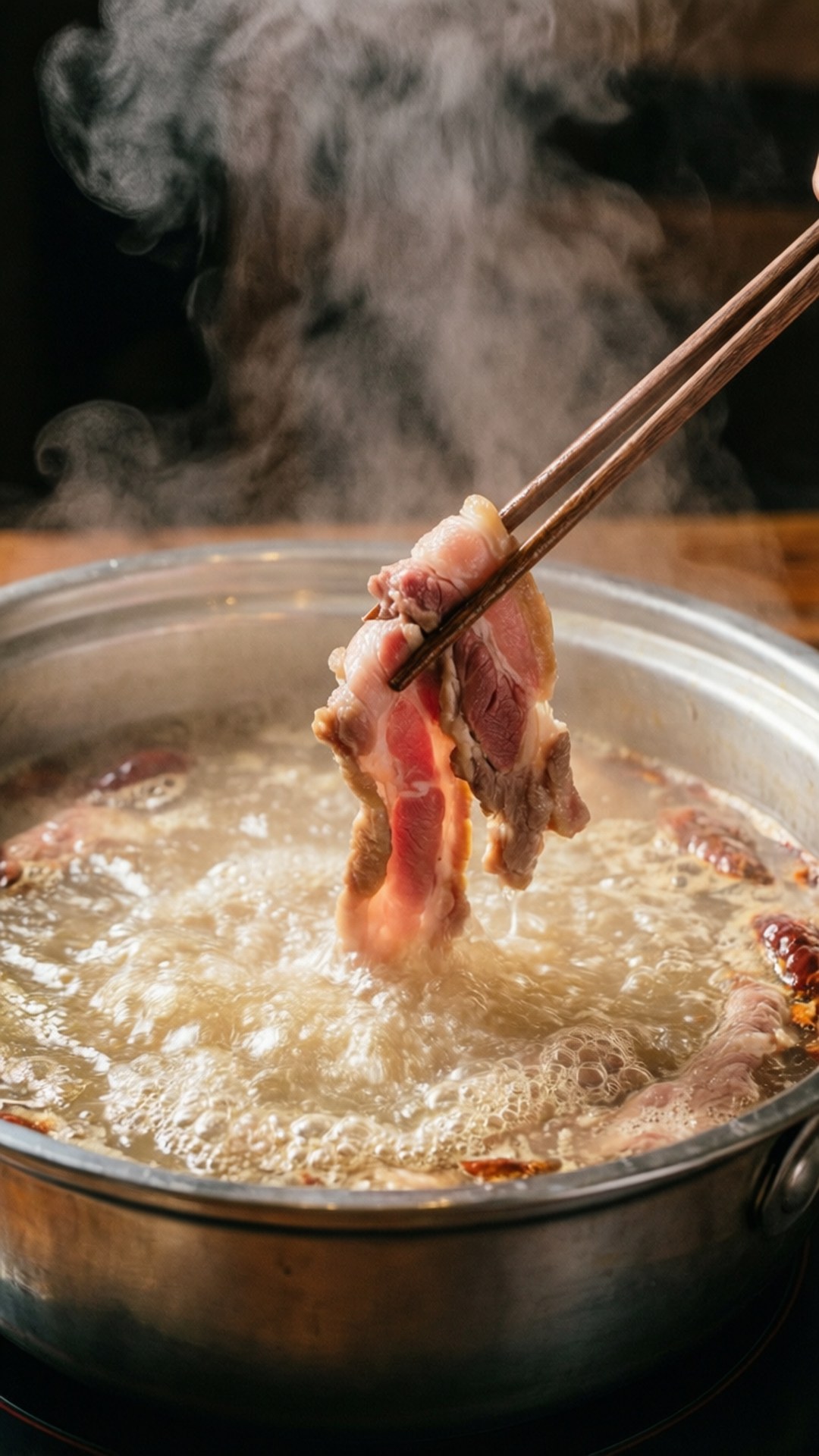 筷子從冒著蒸氣的鍋中夾起一片牛肉。