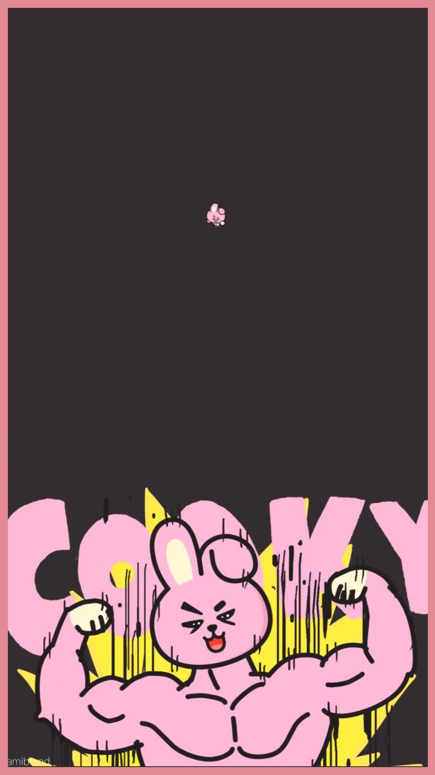 肌肉型Cooky BT21 壁紙 — 一隻卡通粉紅色兔子在深色背景上展示肌肉，背景有粗體黃色和粉紅色文字寫著「COOKY」。