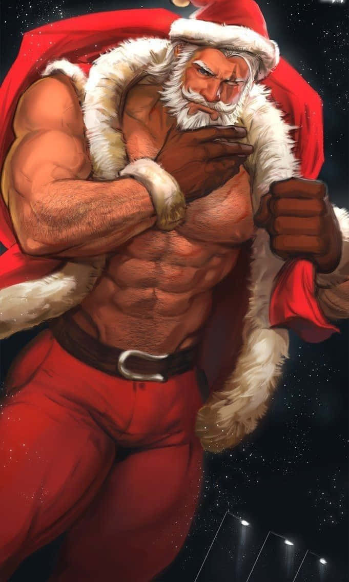 肌肉發達的聖誕老人身穿紅色套裝站在繁星夜空下