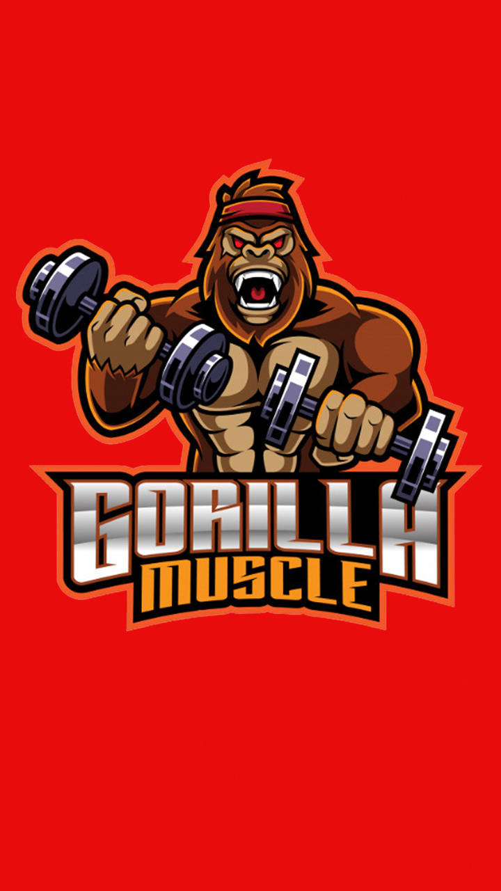 卡通大猩猩在紅色背景上舉起啞鈴，帶有「GORILLA MUSCLE」文字。