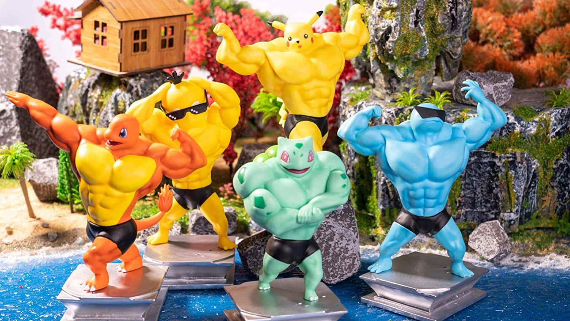 Pokemon Figures 桌布 壁紙 — 肌肉發達的寵物小精靈公仔在一個有細小房屋的微型岩石景觀中的基座上英雄地擺姿勢。