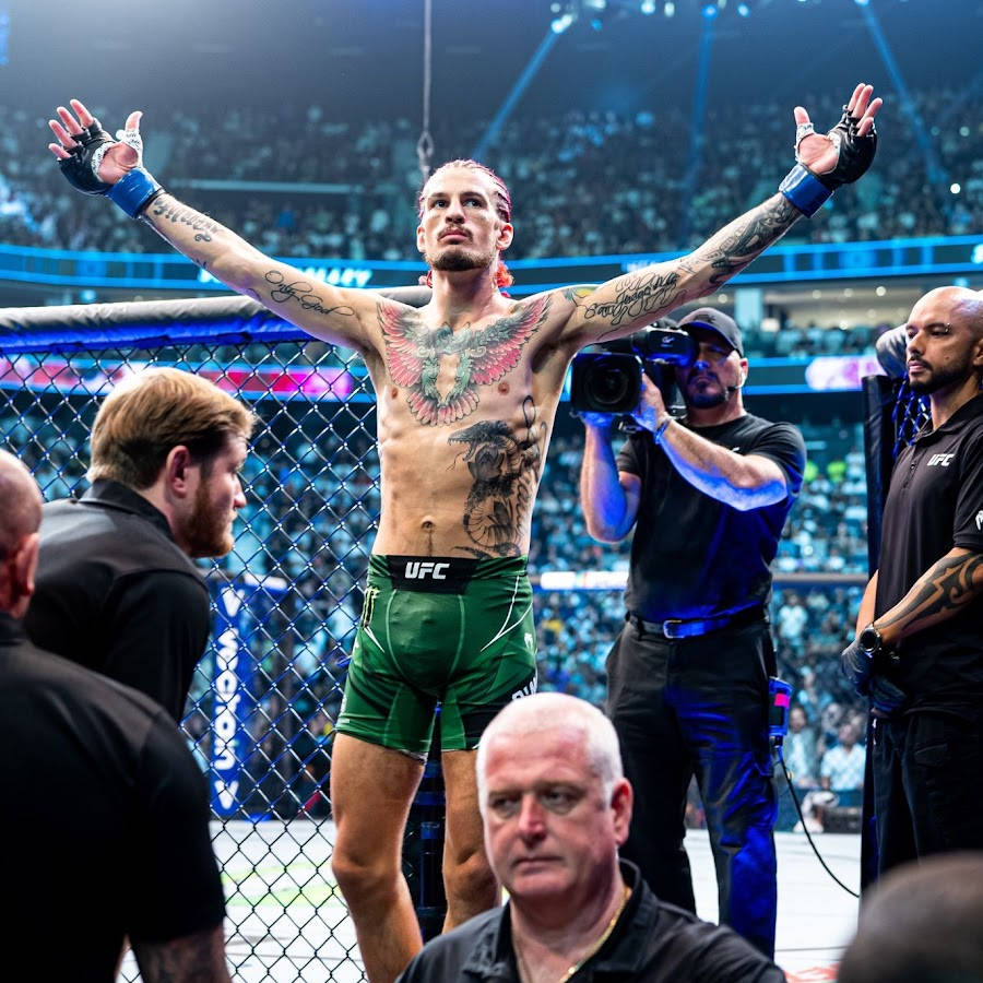 MMA拳手喺八角籠內舉起雙臂慶祝勝利