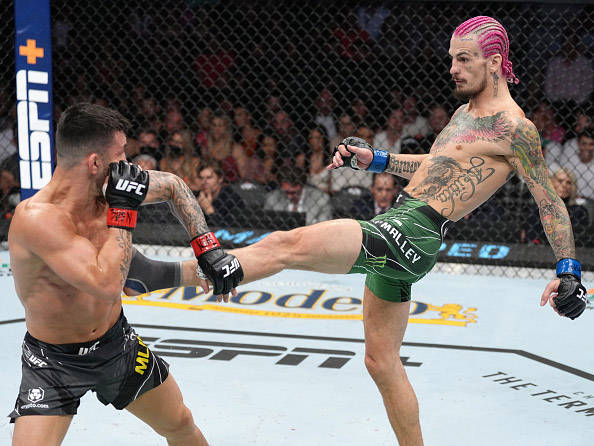 兩名MMA鬥士在UFC八角籠內對戰，其中一人施展高踢。