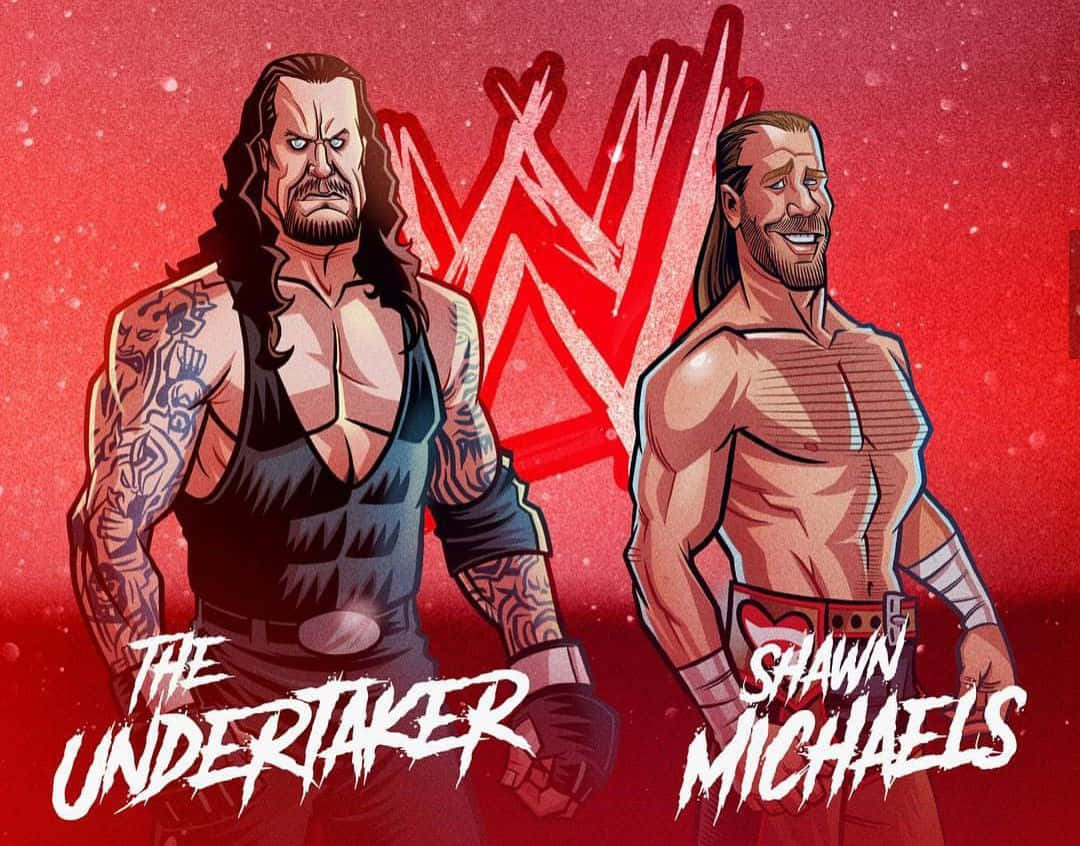 WWE摔角手The Undertaker和Shawn Michaels以插圖風格站在紅色背景前。