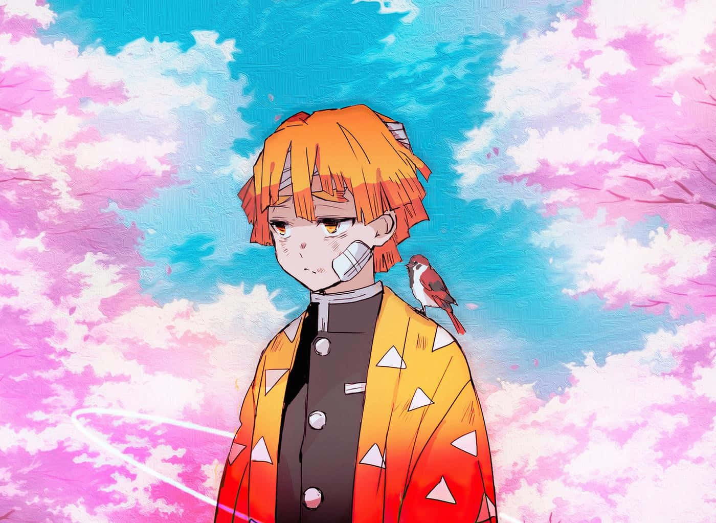 肩上停著鳥兒的動漫角色 壁紙 — 一個年輕的動漫男孩，橙色頭髮，肩上棲息著一隻鳥，站在充滿活力的粉紅色和藍色天空下，櫻花盛開。