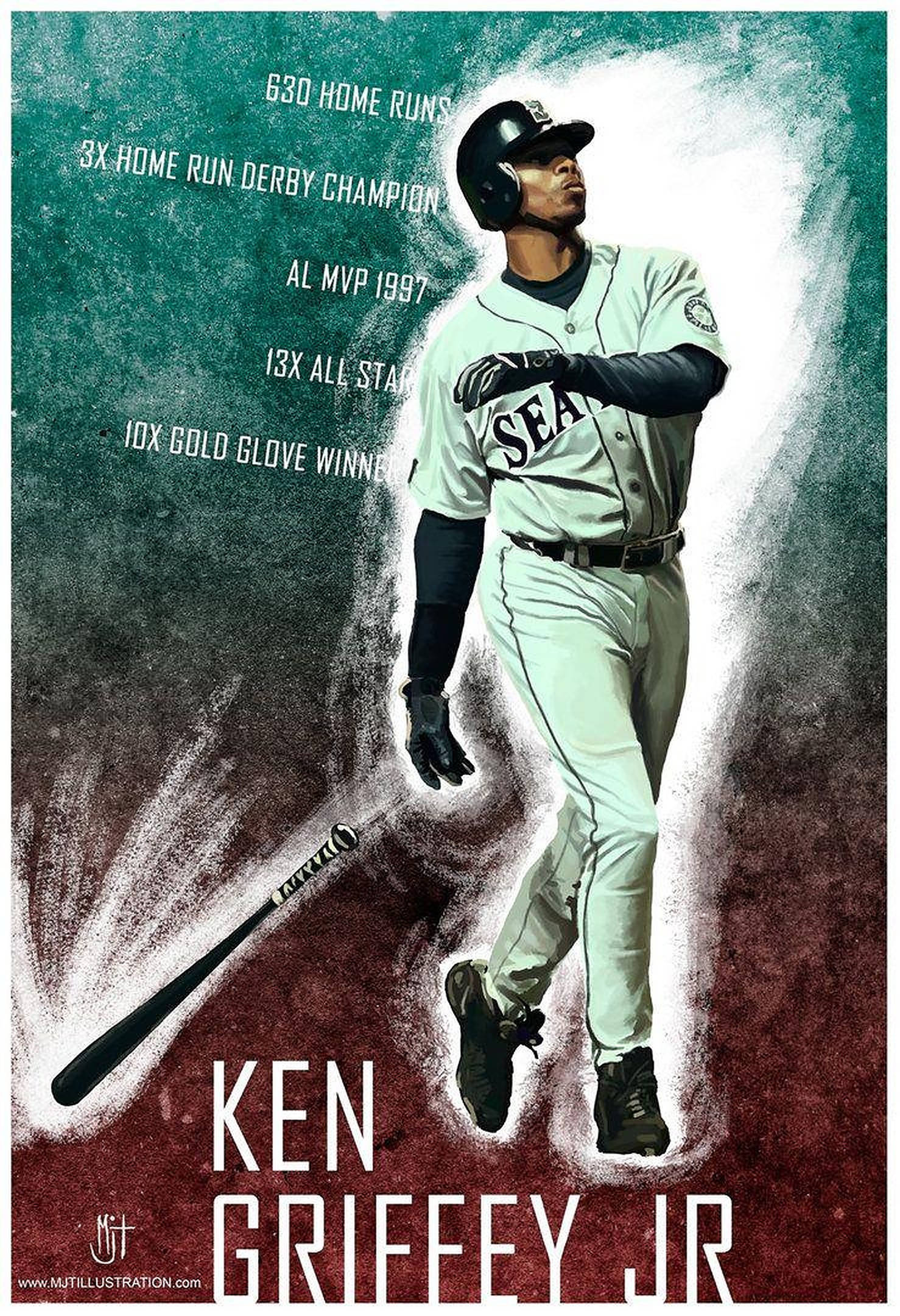 肯·格里菲·小將 成就海報 壁紙 — Ken Griffey Jr. 身穿西雅圖水手隊制服，自信地拿著球棒，周圍是統計數據，背景為帶紋理的青綠色和栗色。
