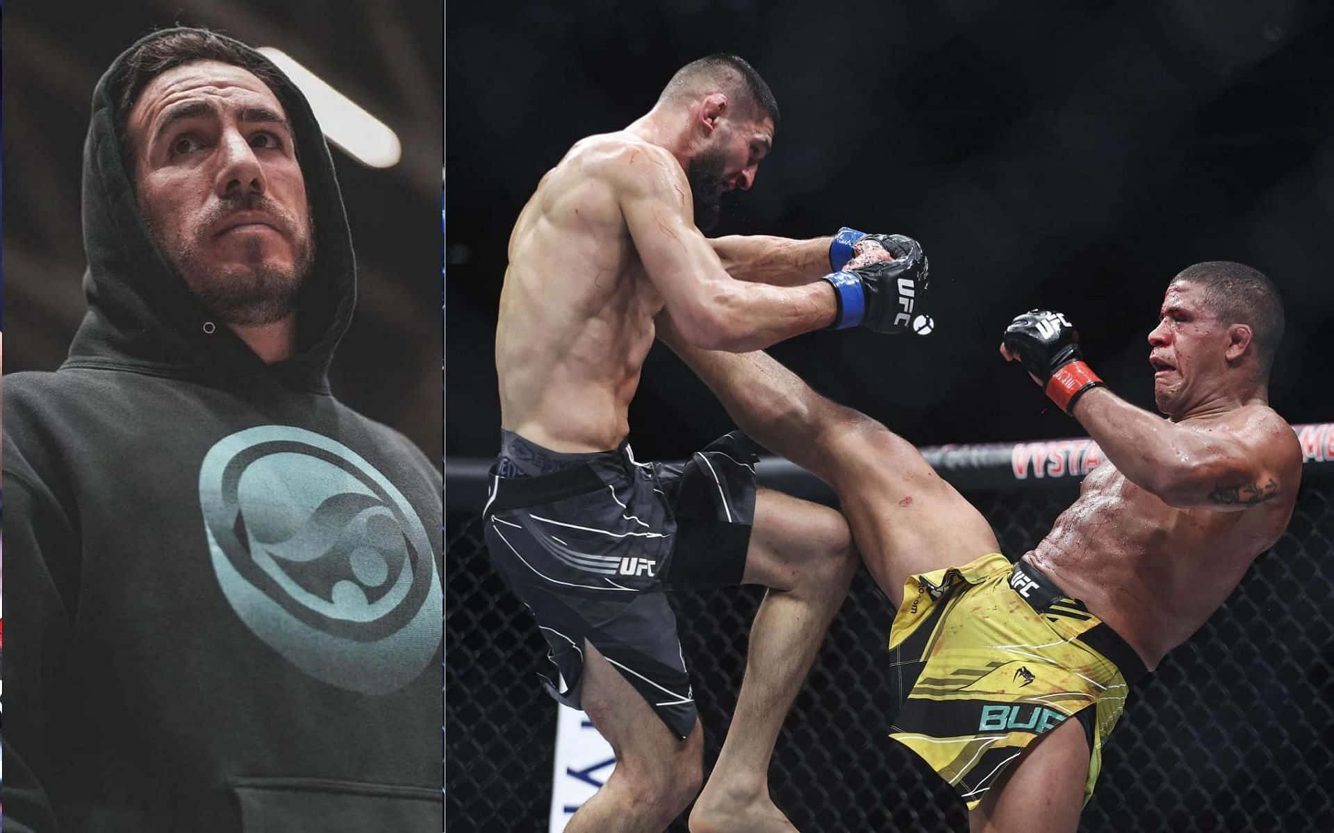 兩名MMA拳手在UFC八角籠內行動，一名穿連帽衫的觀眾在觀看。