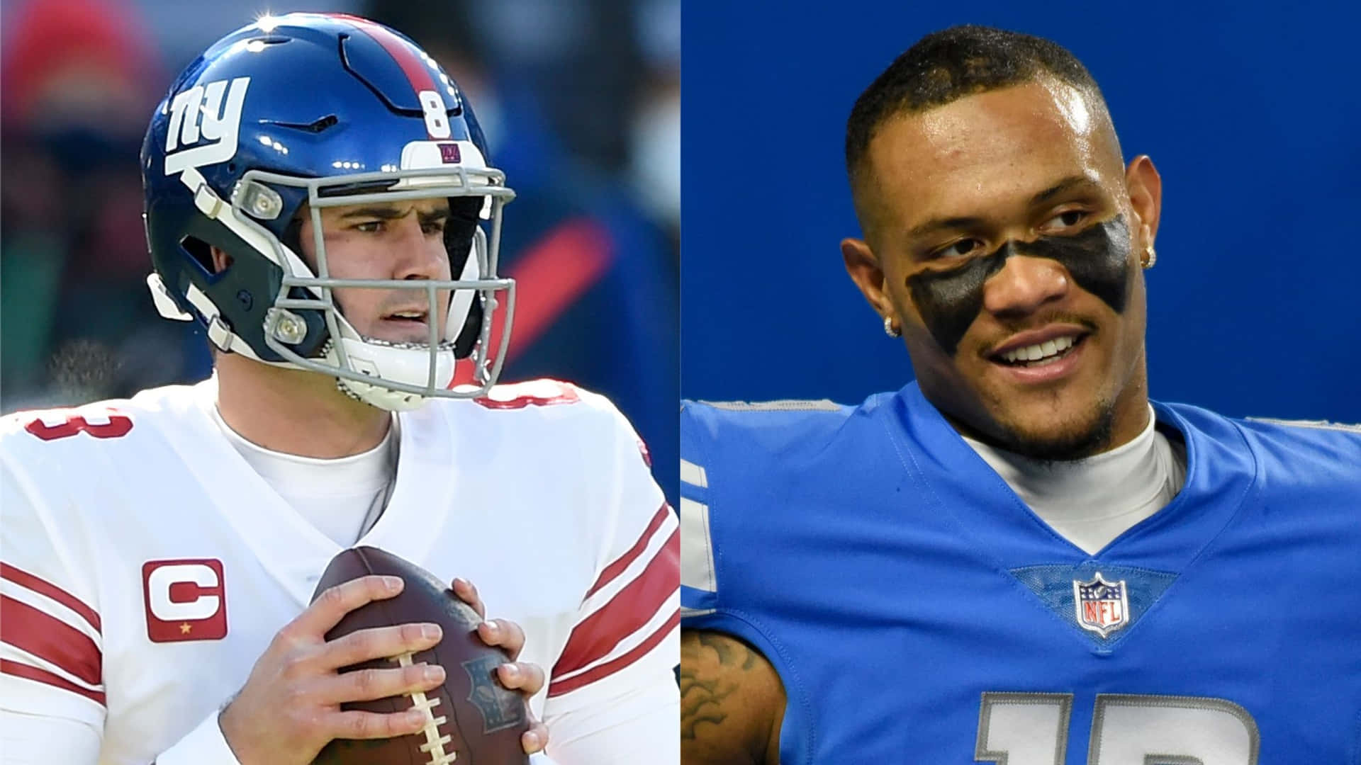 兩位身穿比賽制服嘅NFL欖球運動員，一個揸住波，另一個微笑。