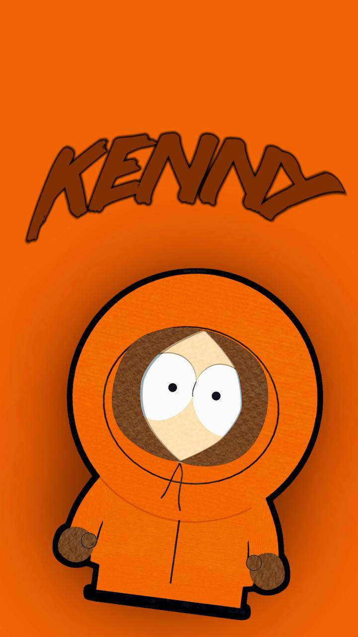 肯尼·麥考密克「Kenny」字體藝術 壁紙 — 卡通角色Kenny身穿橙色連帽風衣，上方有名字，純橙色背景。