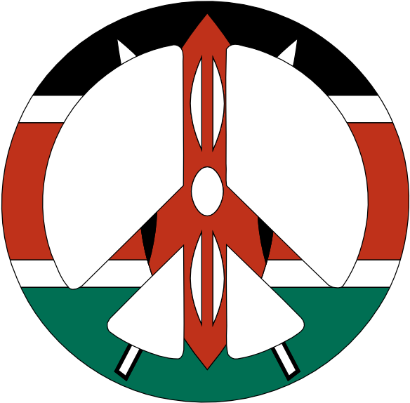 肯尼亞空軍徽章 壁紙 — 一個大膽的紅色馬賽盾牌標誌，帶有白色和黑色細節，置於圓形肯尼亞國旗背景上。