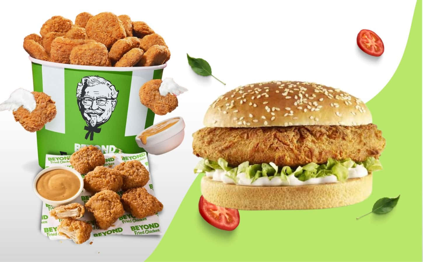 Beyond Fried Chicken雞塊和漢堡，配以新鮮配料，背景為綠色和白色。