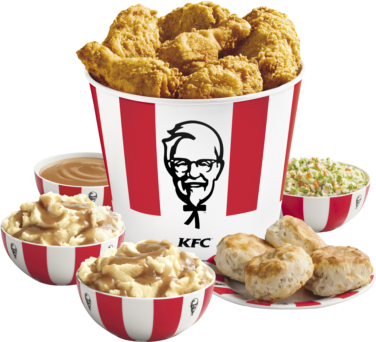 肯德基炸雞套餐 壁紙 — 一個高聳的KFC桶，裝滿了金黃色的炸雞，周圍是薯蓉、肉汁、餅乾和涼拌椰菜絲。