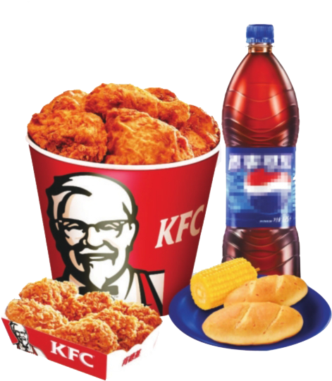 肯德基炸雞套餐壁紙 壁紙 — 一個KFC桶裝脆皮炸雞，配上粟米卷和一瓶百事可樂，放在藍色碟上。