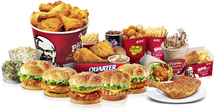 肯德基美食多樣化 壁紙 — 一場充滿活力的KFC美食盛宴，包括桶裝炸雞、漢堡、薯條和飲品，排列得令人食慾大增。