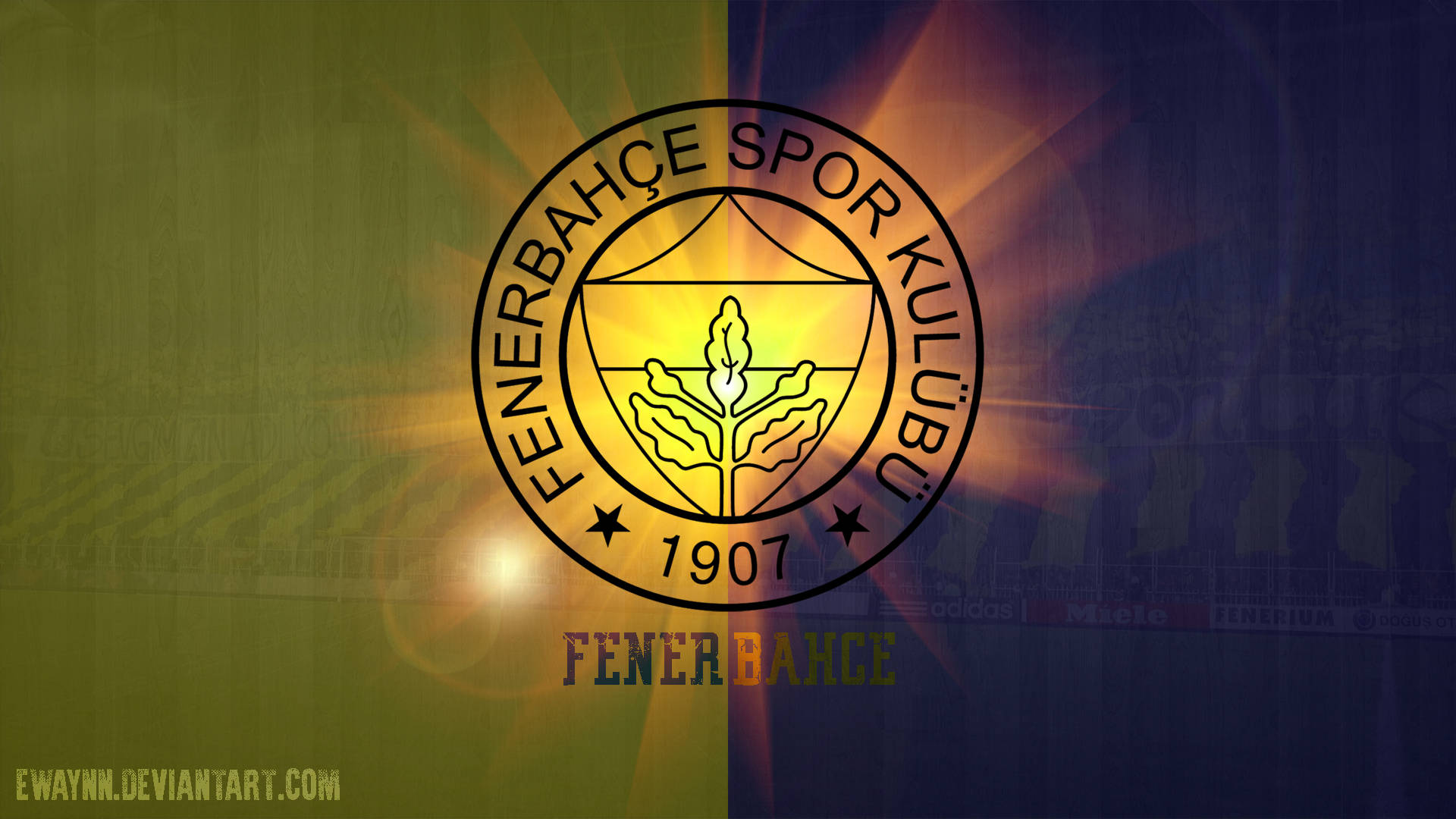 Fenerbahçe Spor Kulübü 標誌，帶有球場背景和陽光爆發效果。