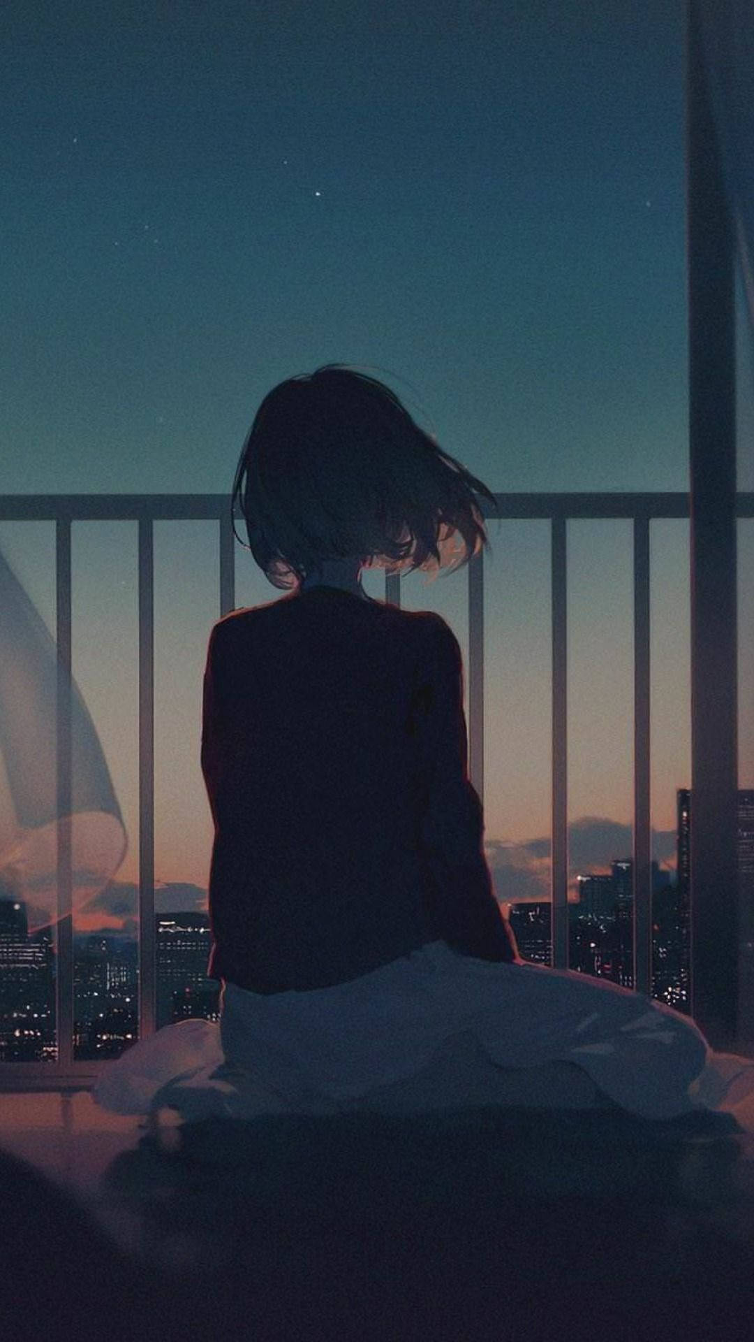 動漫女孩坐在屋頂陽台，俯瞰暮色中的城市，星星可見