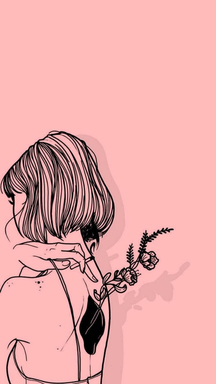 背後生花的傷心女孩美學 壁紙 — 一個短髮人物手持花朵，背景為柔和粉紅色的極簡線條藝術插圖。