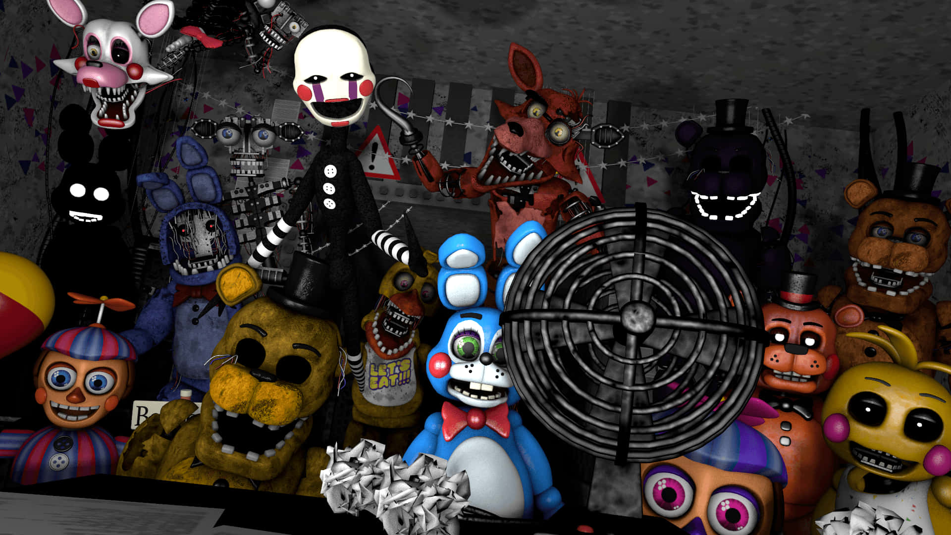 來自《Five Nights at Freddy's》的可怕電子動畫角色聚集在黑暗房間裡的風扇周圍。