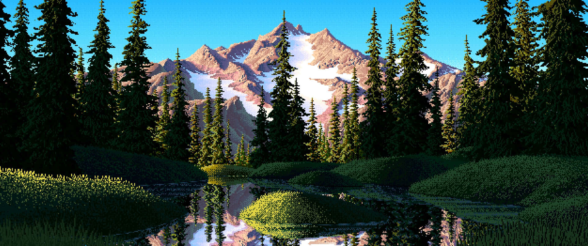 白雪覆蓋的山峰倒映在寧靜的湖泊中，四周環繞著常綠樹。