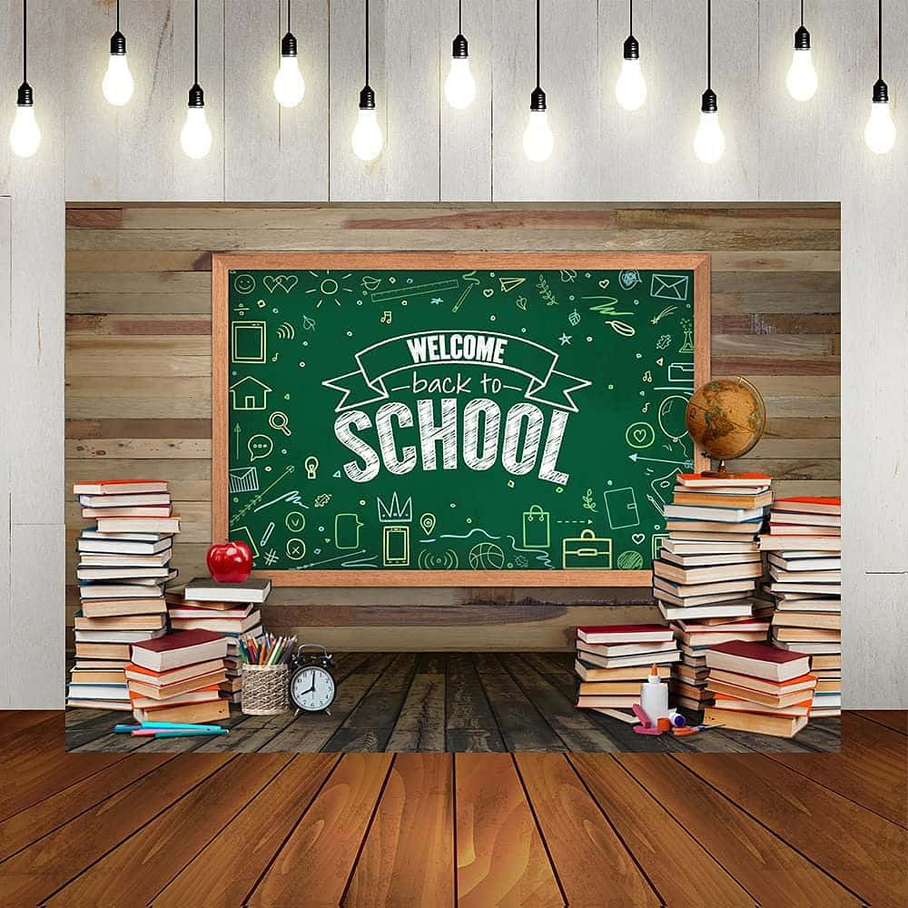 背景式校園照背景 壁紙 — 一個綠色黑板，上面寫著「WELCOME back to SCHOOL」，周圍環繞著成堆的書籍、地球儀和懸掛的燈泡，位於質樸的木製教室中。