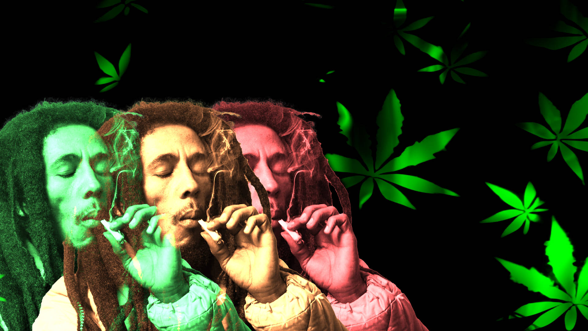 三個彩色Bob Marley肖像，吸煙並帶有發光的大麻葉。