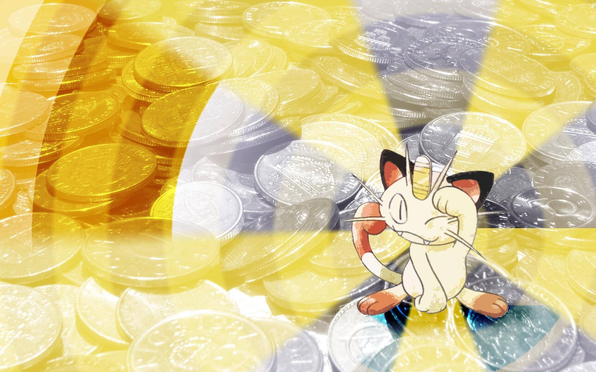一隻卡通貓寶可夢被一堆堆金幣和銀幣包圍。