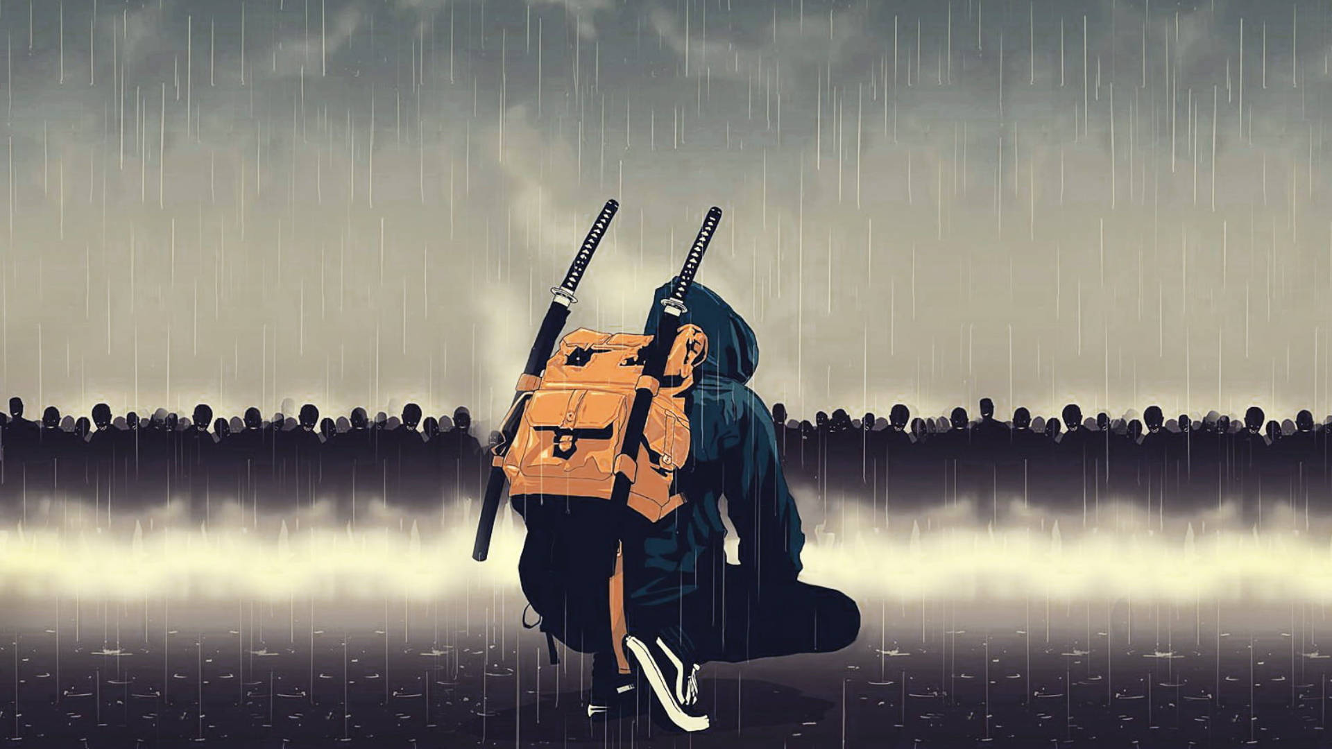 一個戴兜帽的戰士在雨中跪著，面向人群，背上兩把劍。