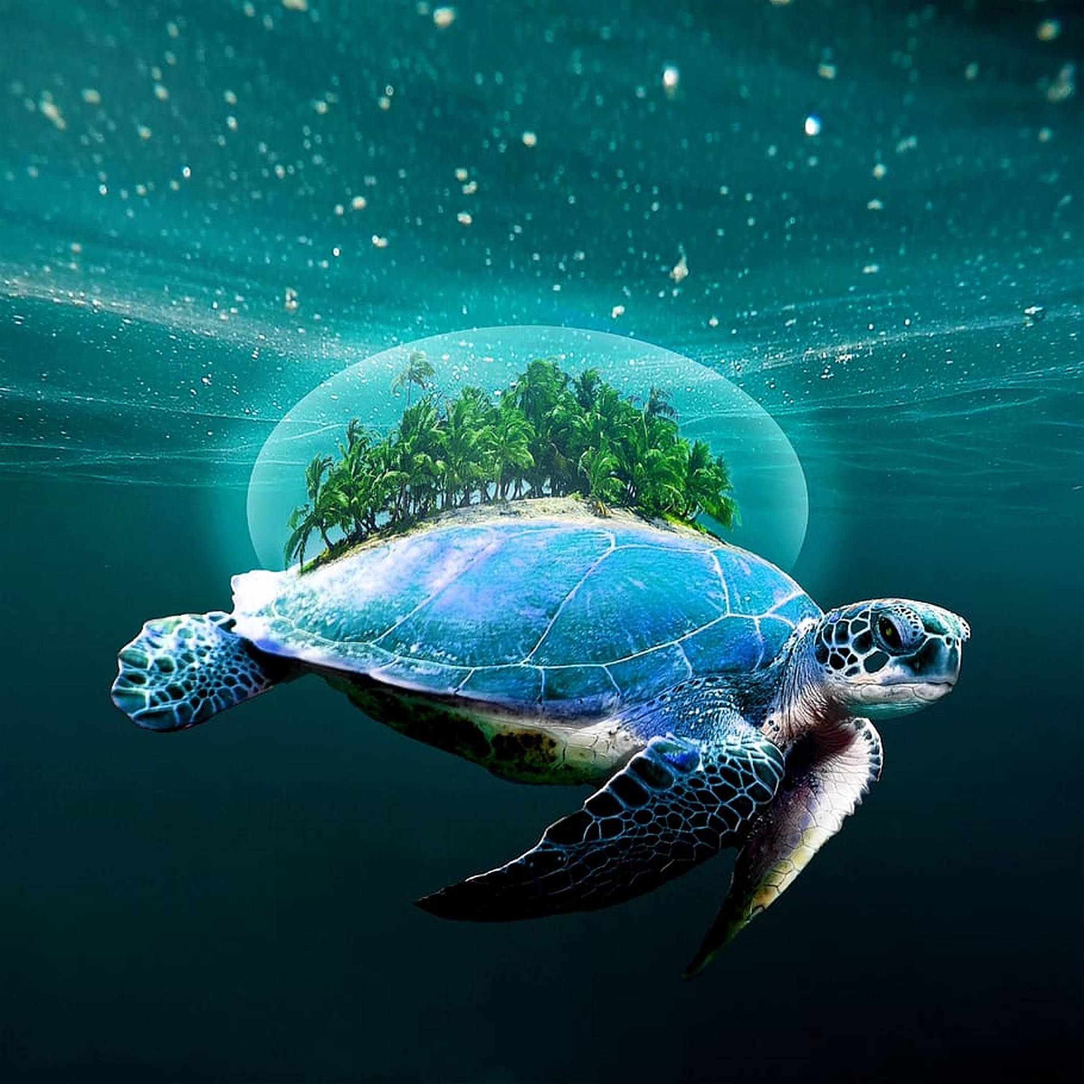 背載迷你島嶼的海龜 壁紙 — 一隻海龜在碧綠的海水中滑行，背上馱著一個發光的泡泡，泡泡裡承載著一個鬱鬱蔥蔥的熱帶島嶼。
