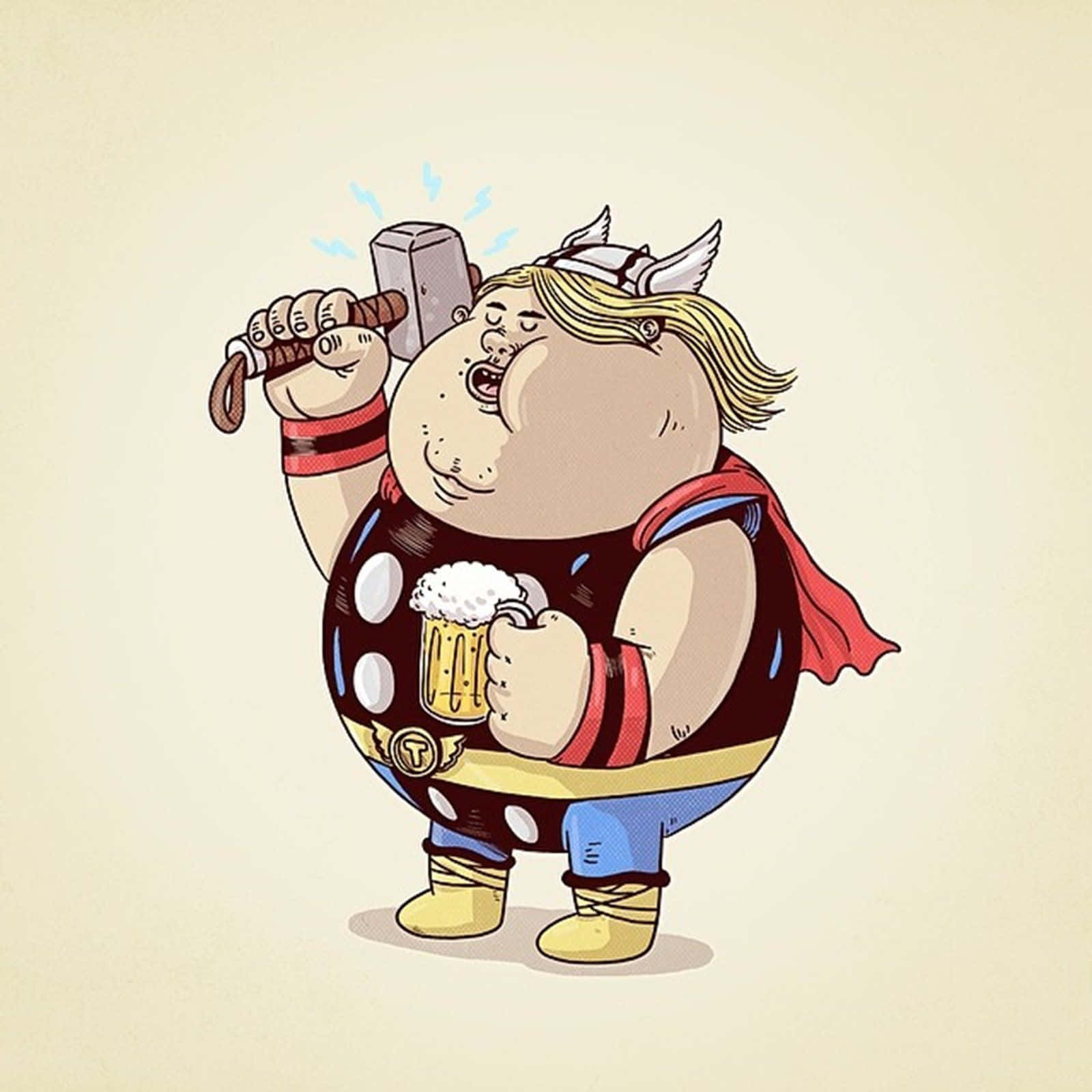 Earth's Mightiest Heroes 桌布 壁紙 — 胖嘟嘟的卡通雷神揮舞著他的錘子，並帶著幸福的表情拿著啤酒杯。