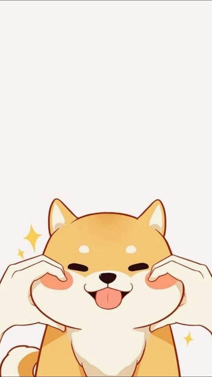 一隻快樂的卡通柴犬，伸出舌頭，爪子放在臉頰上。