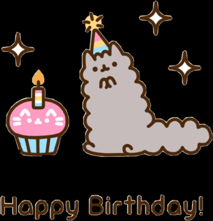 胖貓生日慶祝 壁紙 — 一隻可愛的灰色貓咪戴著派對帽，坐在一個粉紅色紙杯蛋糕旁邊，蛋糕上插著點燃的蠟燭，背景是閃爍的星星。