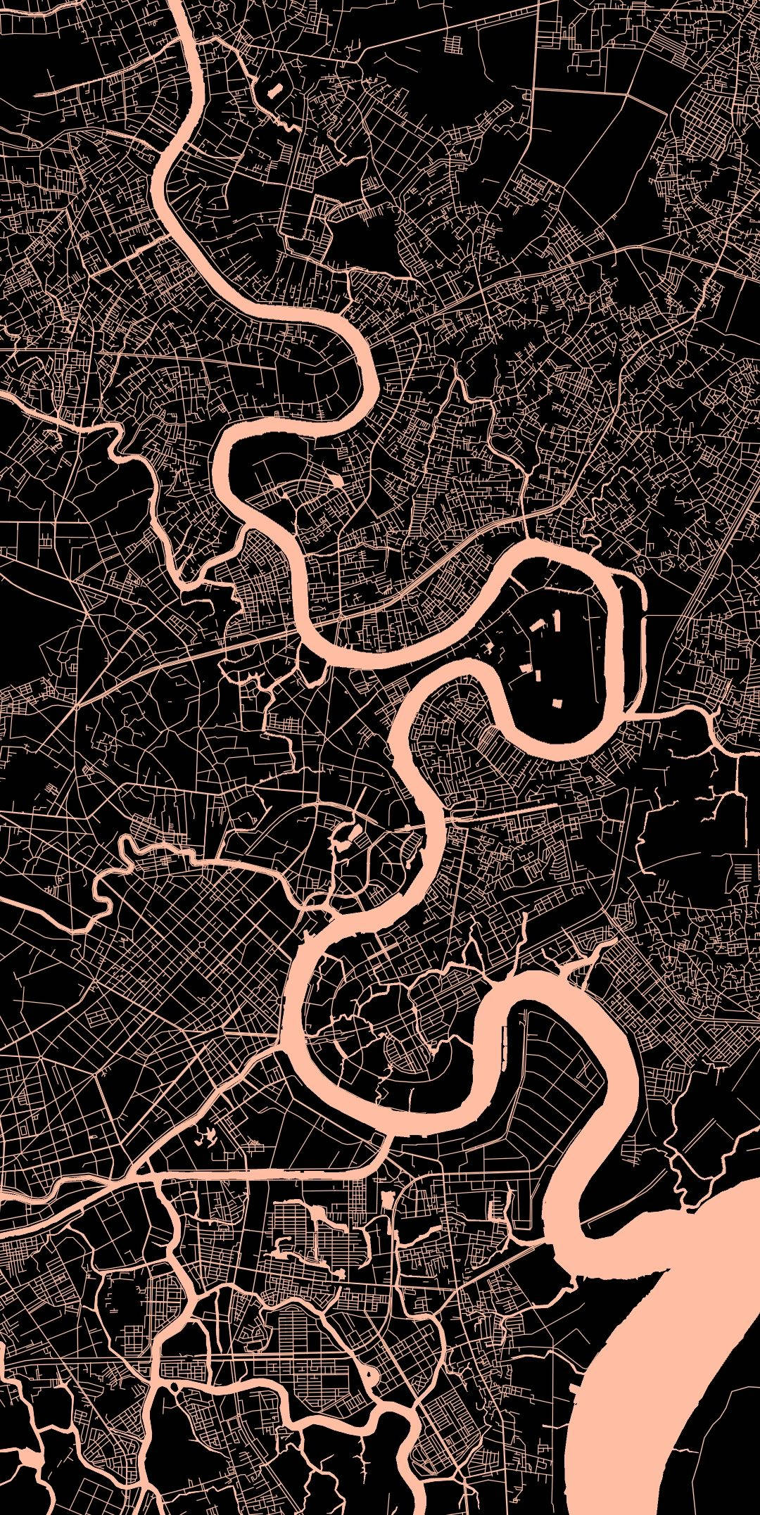 胡志明市地圖 壁紙 — 一張極簡城市地圖，以黑色背景襯托桃色河流與街道。