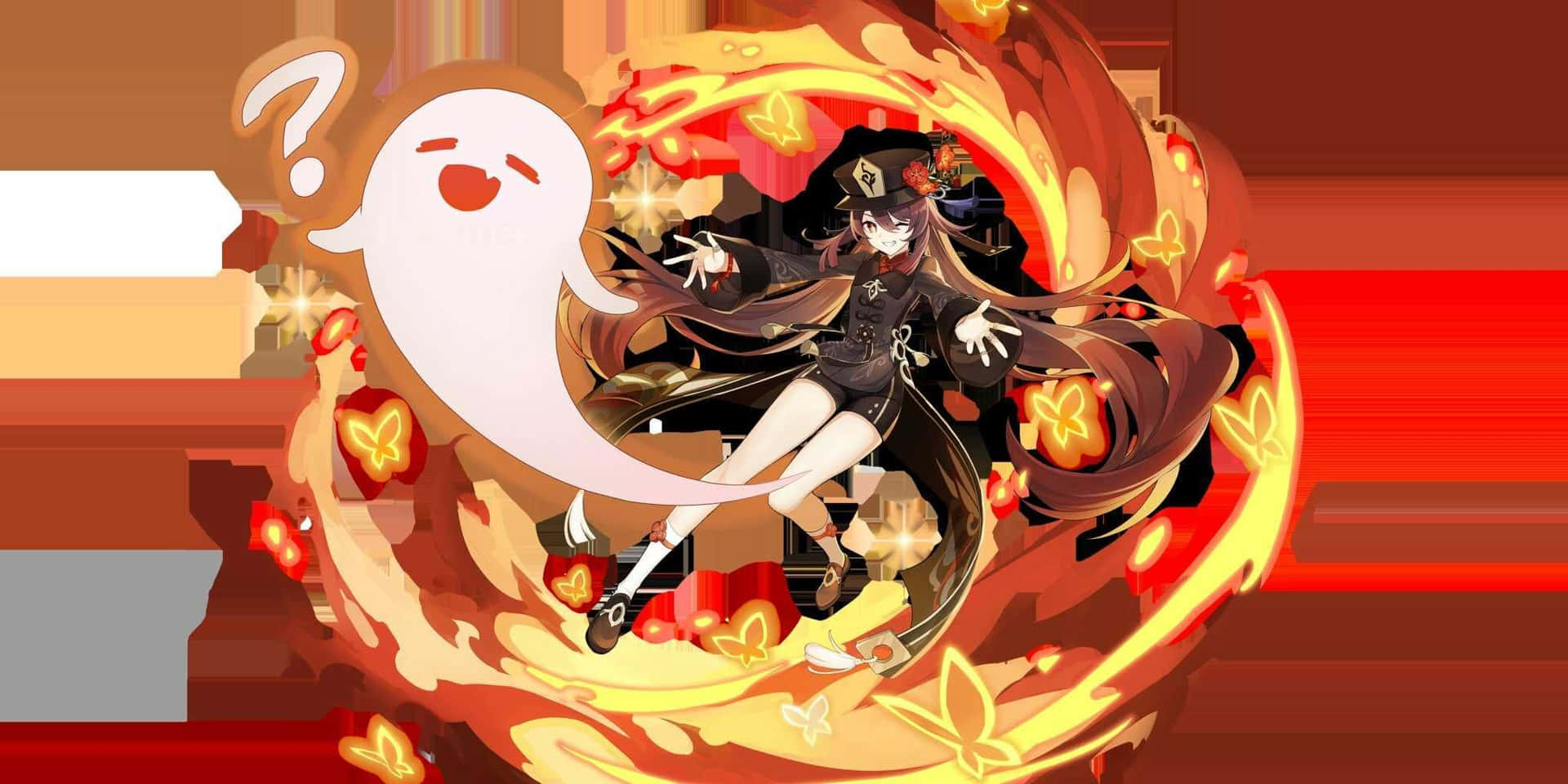 動漫女孩與幽靈和火熱漩渦，被發光的蝴蝶包圍。