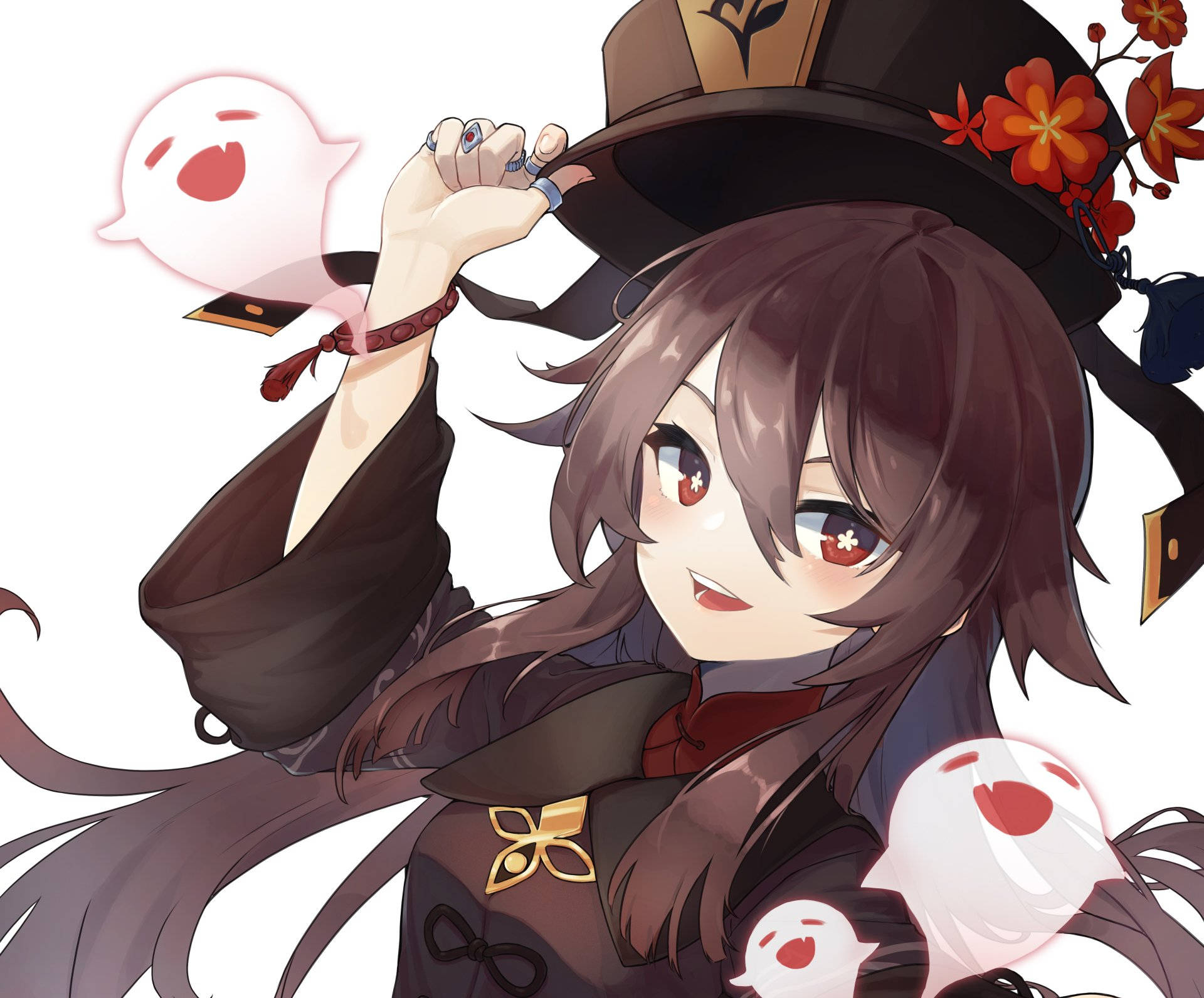 胡桃可愛帽子姿勢 壁紙 — 一個開心的動漫女孩，棕色頭髮，紅色眼睛，戴著裝飾高帽，抱著一個發光的幽靈夥伴。