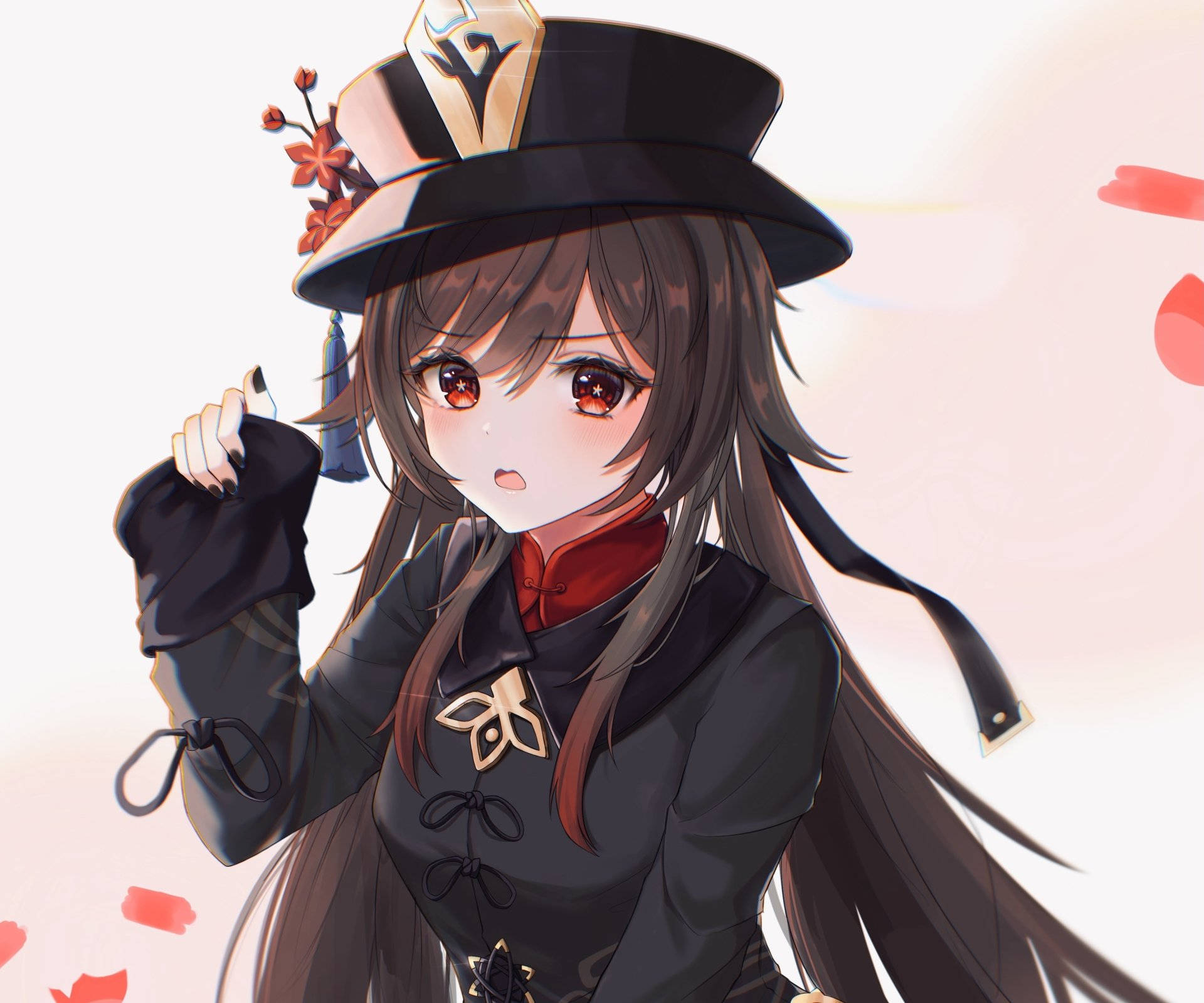 胡桃憂傷神情 壁紙 — 一個可愛的動漫女孩，紅眼睛，長長嘅棕色頭髮，戴住一頂黑色高帽，上面有紅色花朵裝飾，著住黑色衫有紅色點綴，手拎住一個細小物件。