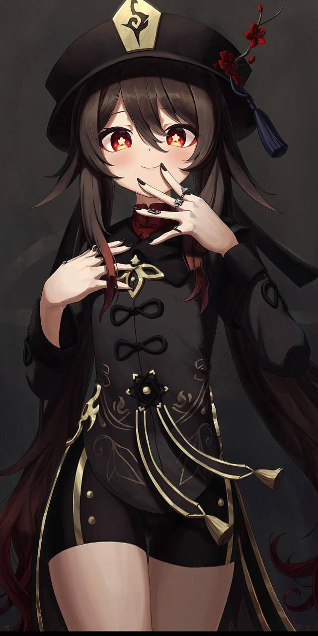 胡桃暗色肖像 壁紙 — 一位黑髮動漫女孩，身穿黑金色制服，紅眼睛，櫻花點綴，手指放在嘴唇上擺姿勢。