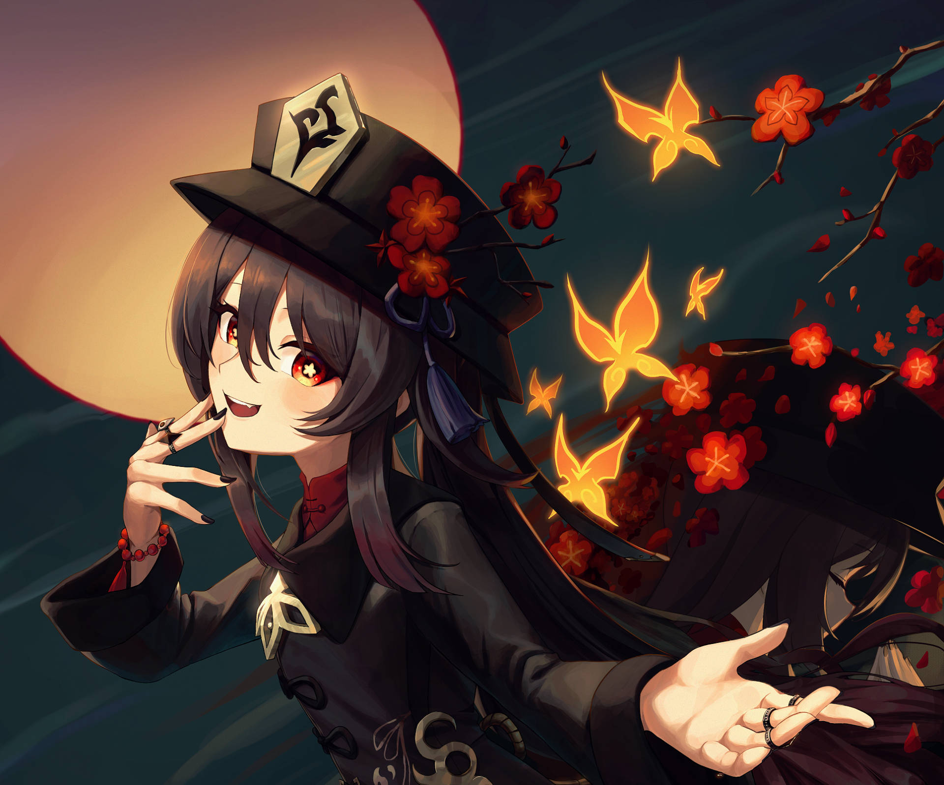 紅眼黑帽的動漫巫師女孩微笑，伴隨著發光的蝴蝶和櫻花。 — 唯美蝴蝶動圖 壁紙