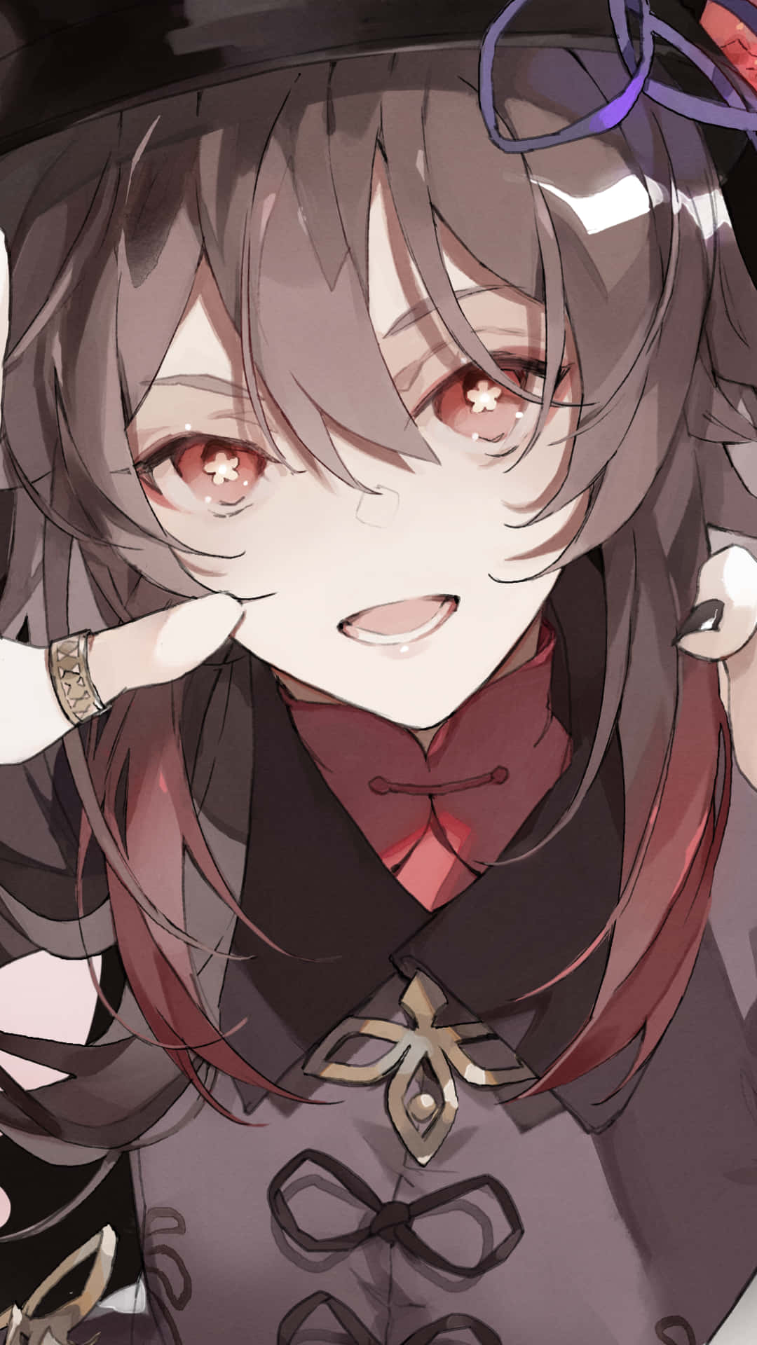 灰髮紅眼的動漫少女，身穿帶有紅色點綴的深色服裝。