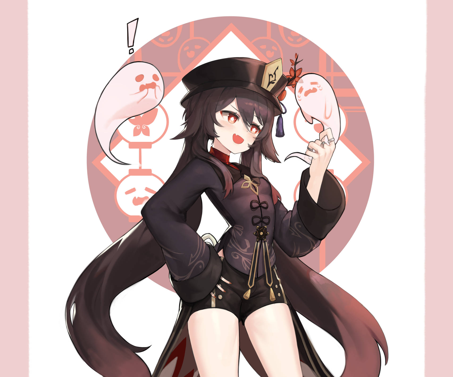 胡桃精緻數位藝術 壁紙 — 一個開心的動漫女孩穿著深色服裝和高帽，在粉紅色圖案背景前拿著幽靈般的靈魂。